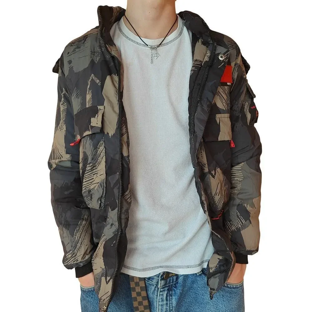 Hooded Abstract Camo Puffer Jacket Red Accents Unbranded 160 (20x28)